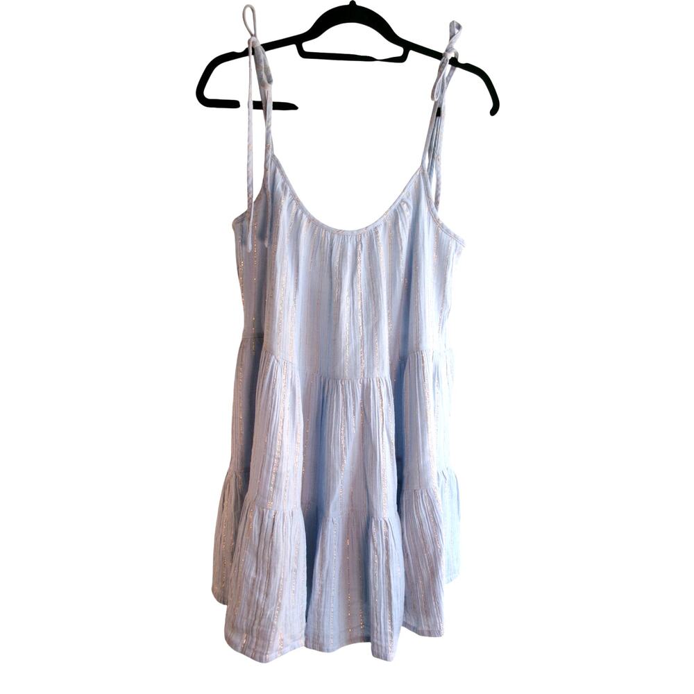 Lands' End Blue Gold Stripe Tiered Midi Dress Womens Medium 10-12